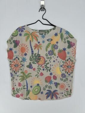 Coastal Tropical Fruit Print Sweater Womens Medium Colorful Lightweight Knit Top